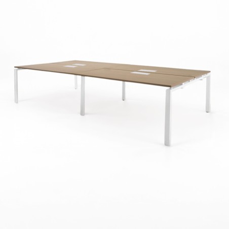 Mesa bench OPTIMUM para 4 personas con Top Access, sobre de roble claro y patas blancas